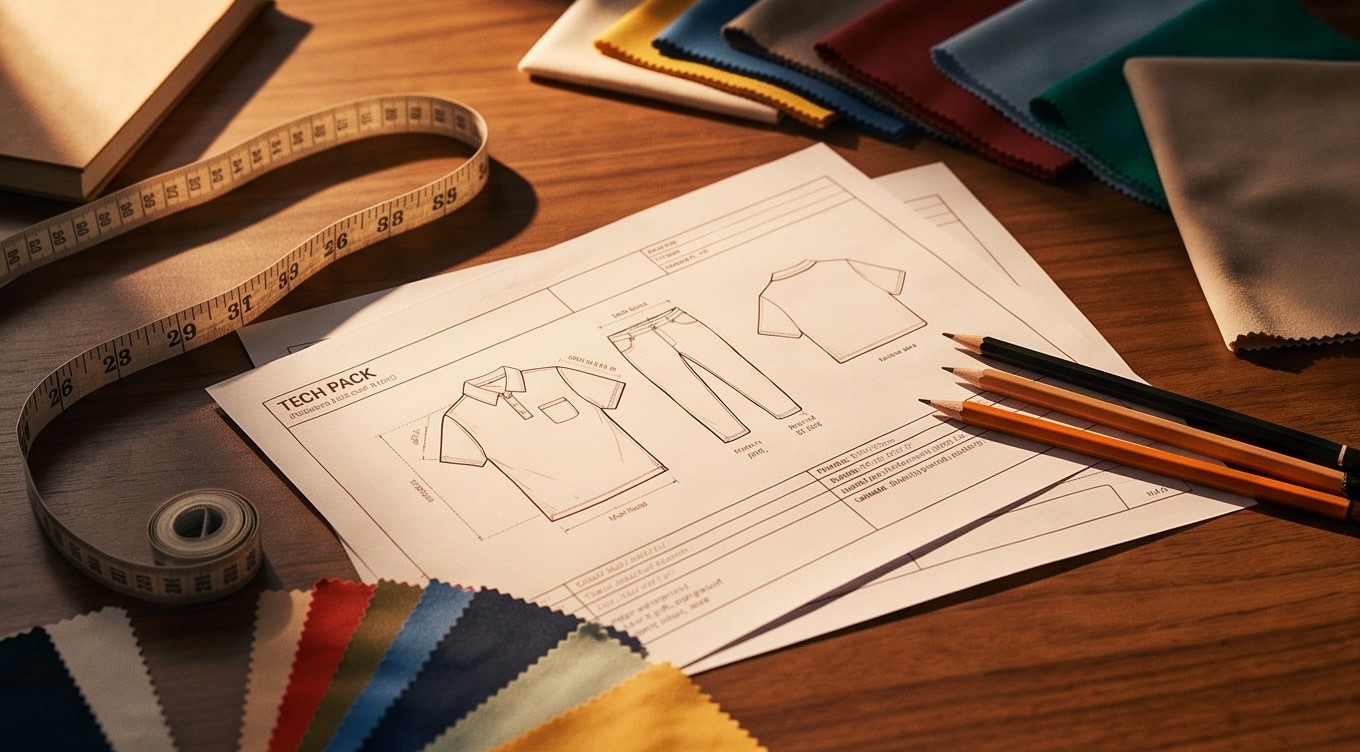 Tech-pack sketches and fabric swatches